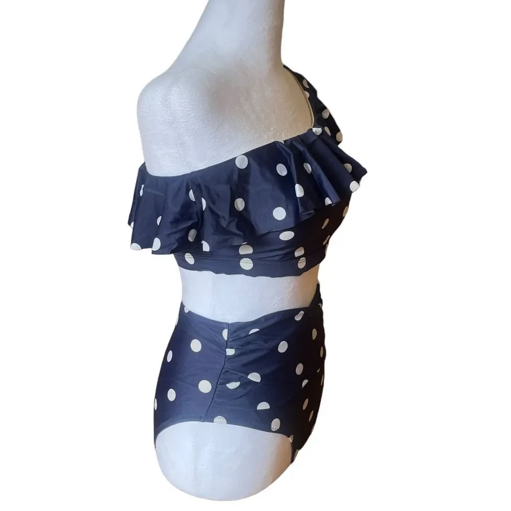 Old Navy One Shoulder High Waist Bikini Navy Blue White Polka Dots Size Small